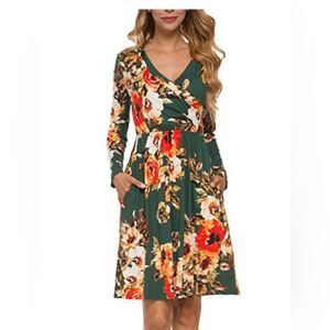 LAINAB Women's Floral Fall Long Sleeve Pockets Casual Wrap Dress NEW XL